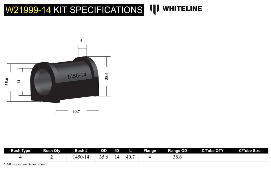 Whiteline Sway Bar Mount Bushing Kit 14mm Ford Cortina 1960-1985 W21999-14