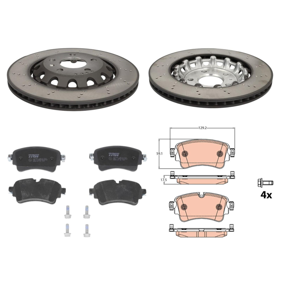 SHW Performance x2 Rear Brake Discs + TRW Rear Pads Set For Audi RS4 RS5 B9
