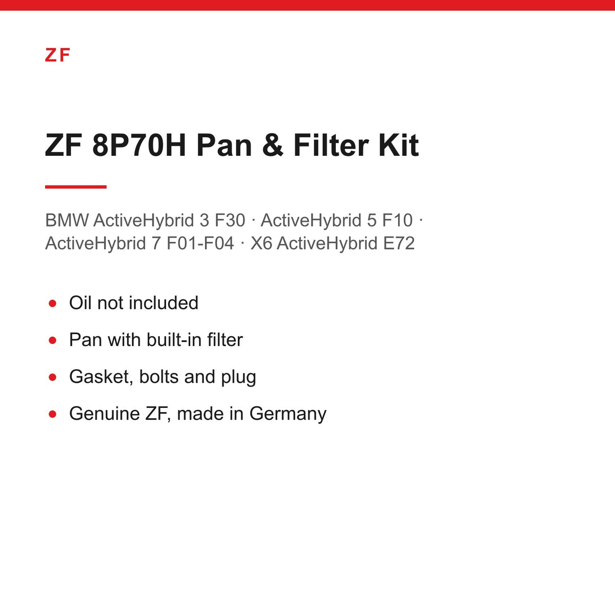 BMW ActiveHybrid 3 5 7 X6 ZF 8P70H Automatic Gearbox Sump Pan & Filter Kit