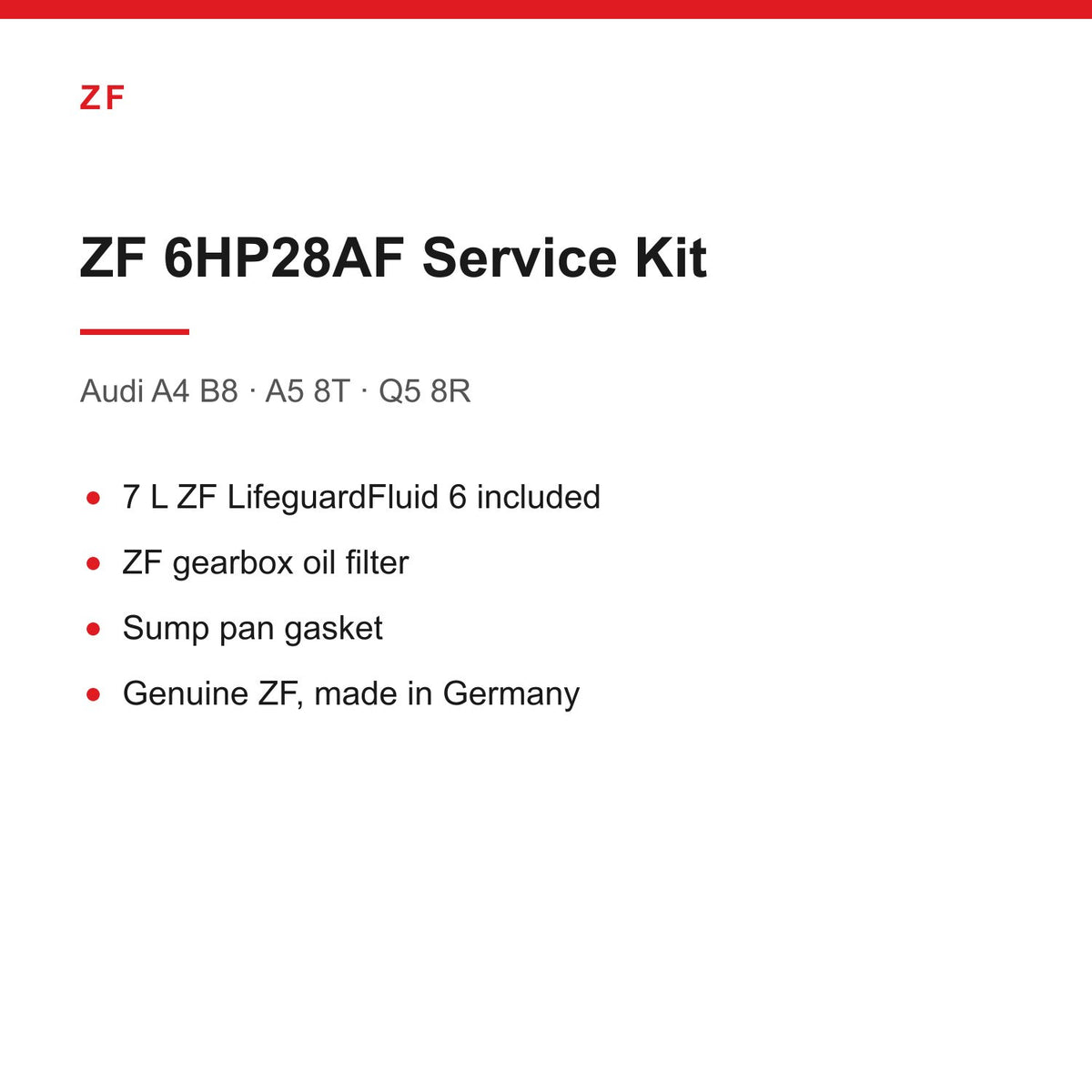 Audi A4 B8 A5 8T Q5 8R ZF 6HP28AF Automatic Gearbox Service Kit Inc 7L Oil