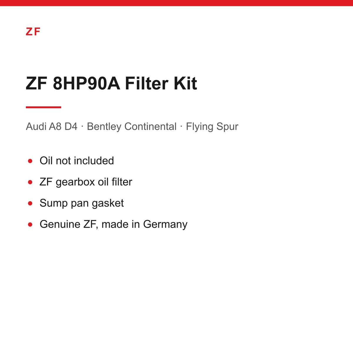 Audi A8 D4 Bentley Continental Flying Spur ZF 8HP90 Gearbox Filter & Gasket Kit