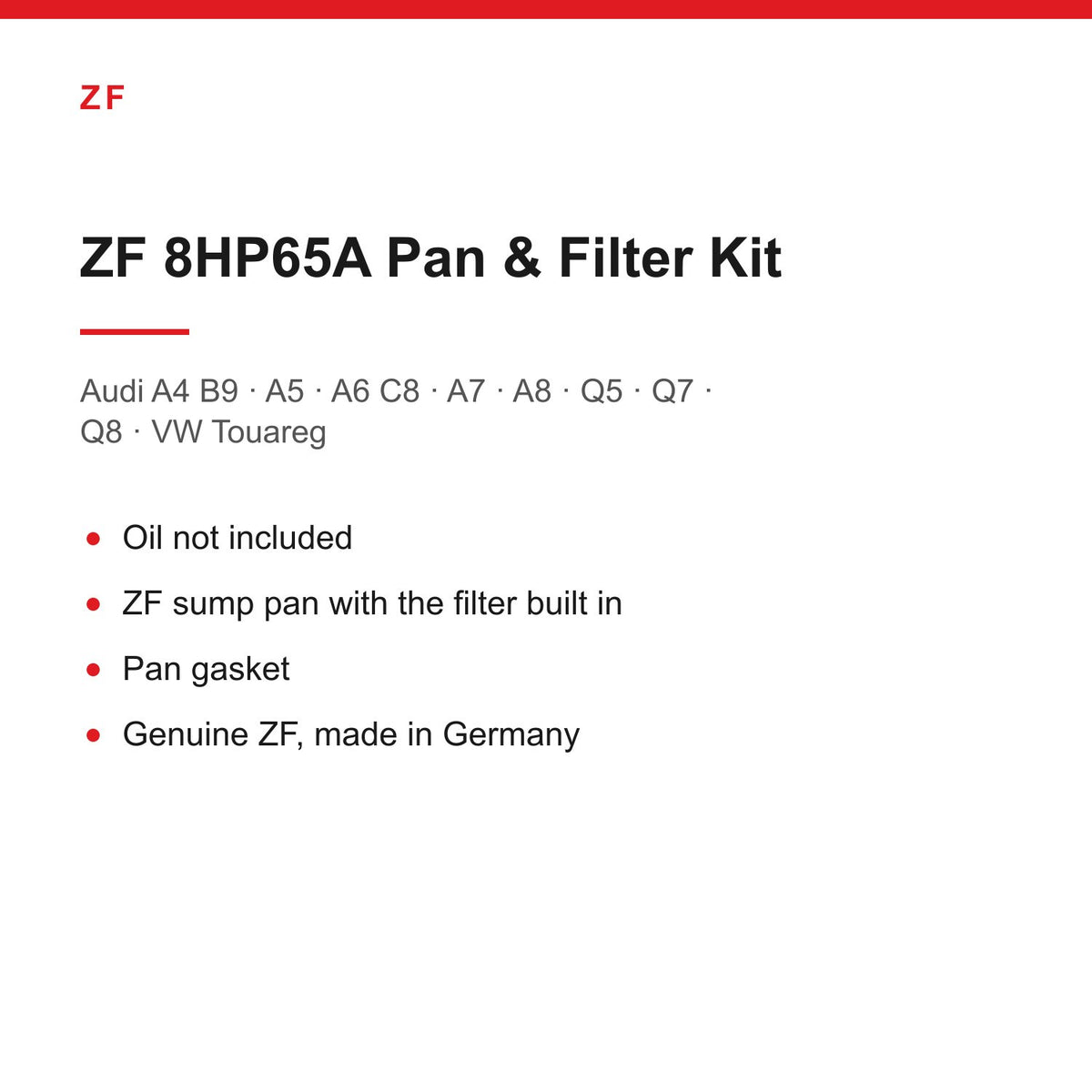 Audi A4 B9 A5 A6 C8 Q5 Q7 VW Touareg ZF 8HP65A Gearbox Sump Pan & Filter Kit