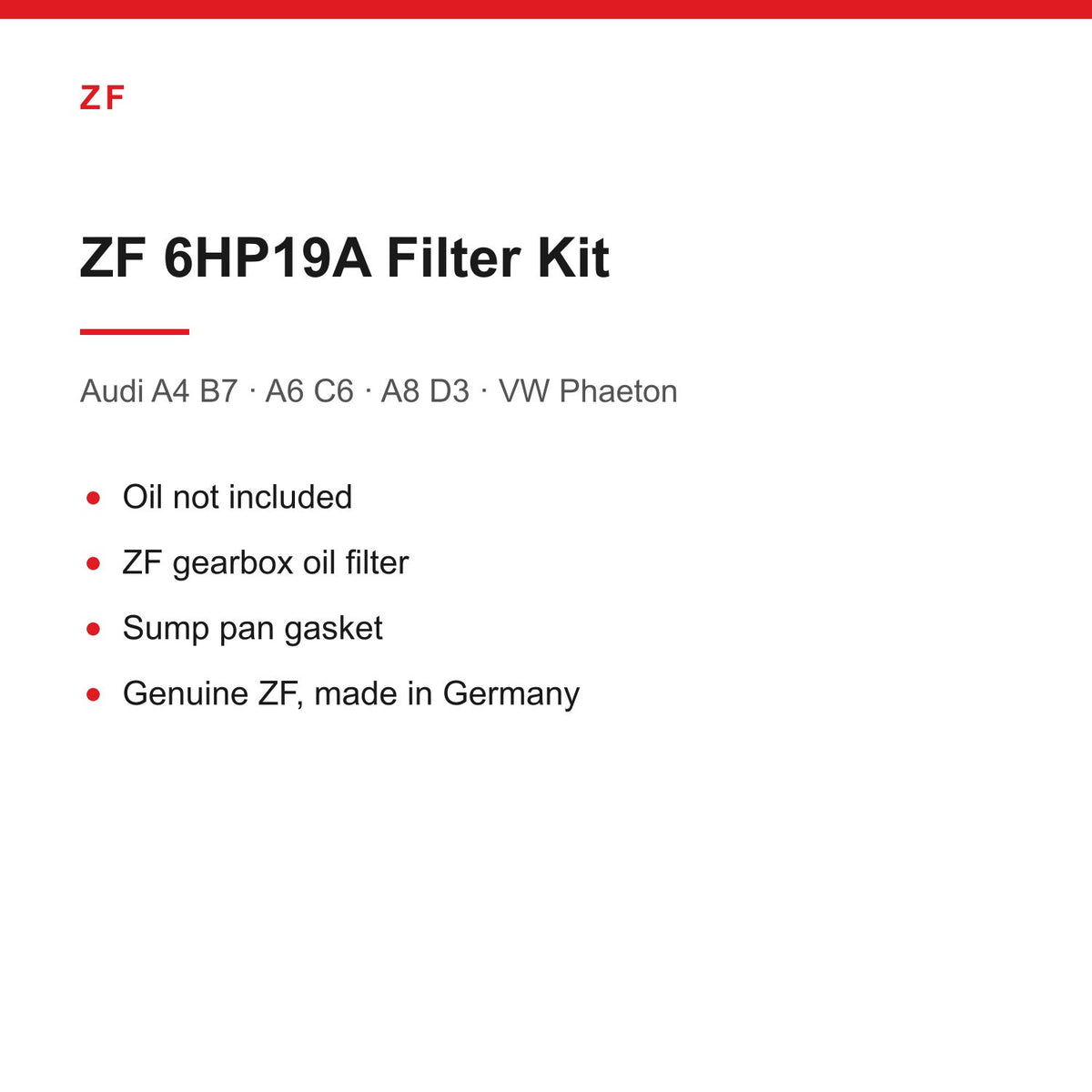 Audi A4 B7 A6 C6 A8 D3 VW Phaeton ZF 6HP19A Gearbox Filter & Pan Gasket Kit