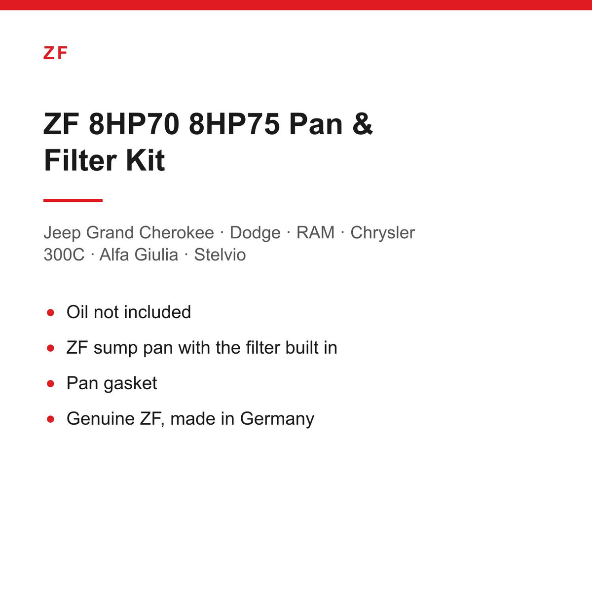 Jeep Grand Cherokee Dodge Ram Alfa Giulia ZF 8HP70 Gearbox Sump Pan & Filter Kit
