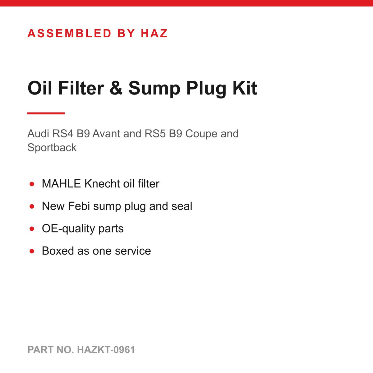 Audi RS4 RS5 B9 S4 S5 SQ5 2.9 3.0 TFSI Oil Filter & Sump Plug Service Kit