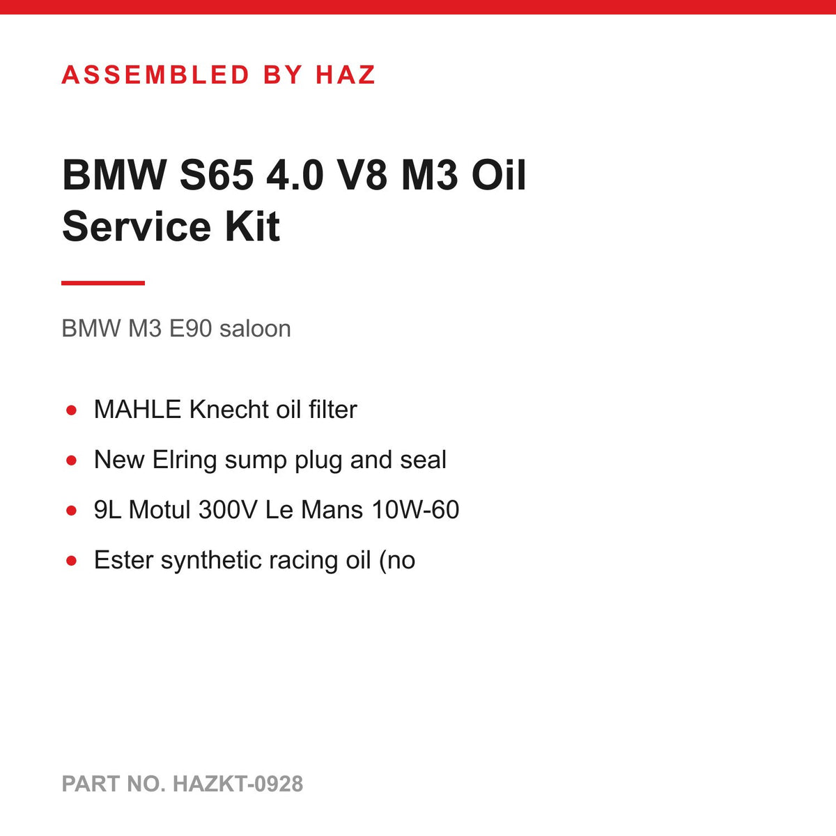 BMW E90 E92 E93 M3 S65 V8 Oil Service Kit Filter Sump Plug 9L Motul 300V 10W-60