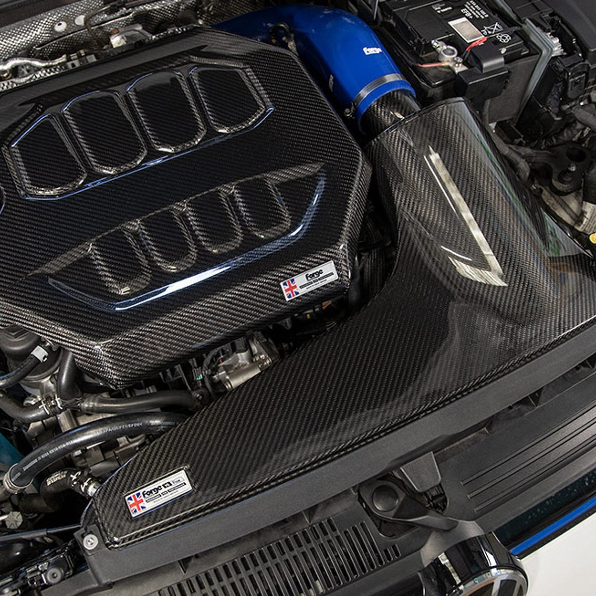 Forge carbon engine cover engine bay view