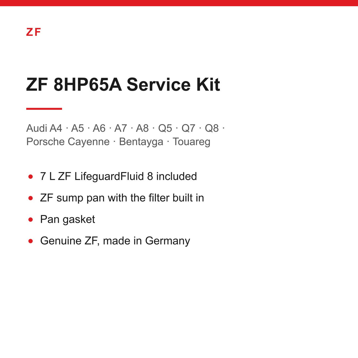 Audi A6 C8 Q7 Q8 Porsche Cayenne Bentayga ZF 8HP65A Service Kit Inc 7L Oil