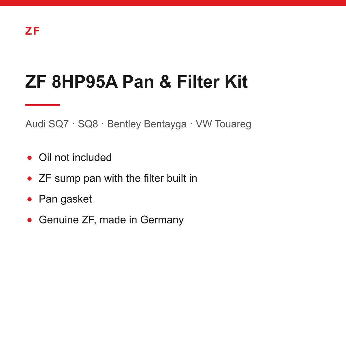 Audi SQ7 SQ8 Bentley Bentayga VW Touareg ZF 8HP95 Gearbox Sump Pan & Filter Kit
