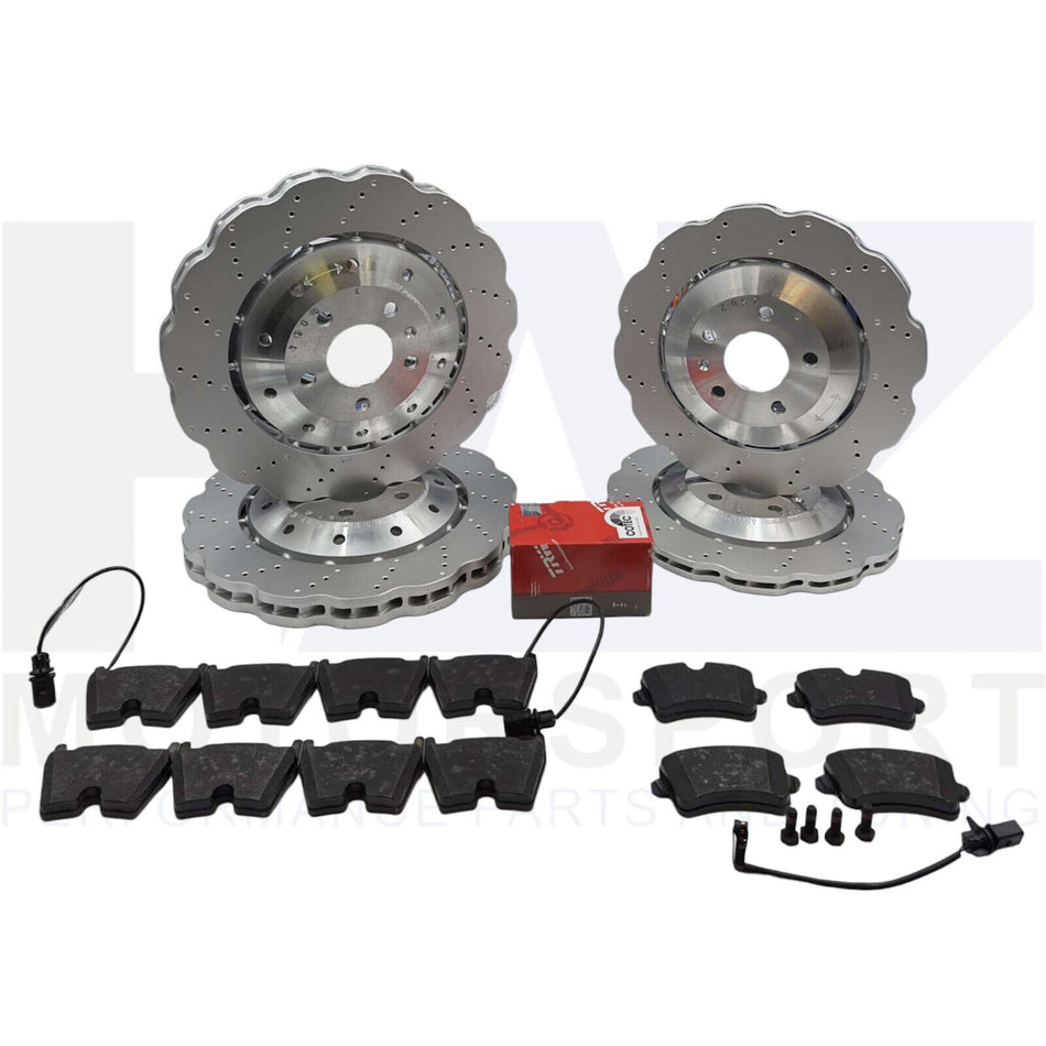 SHW Performance Front & Rear Wavy Drilled Brake Discs TRW Pads Audi RS5 Coupe/Convertible 4.2 V8 10-16 450PS