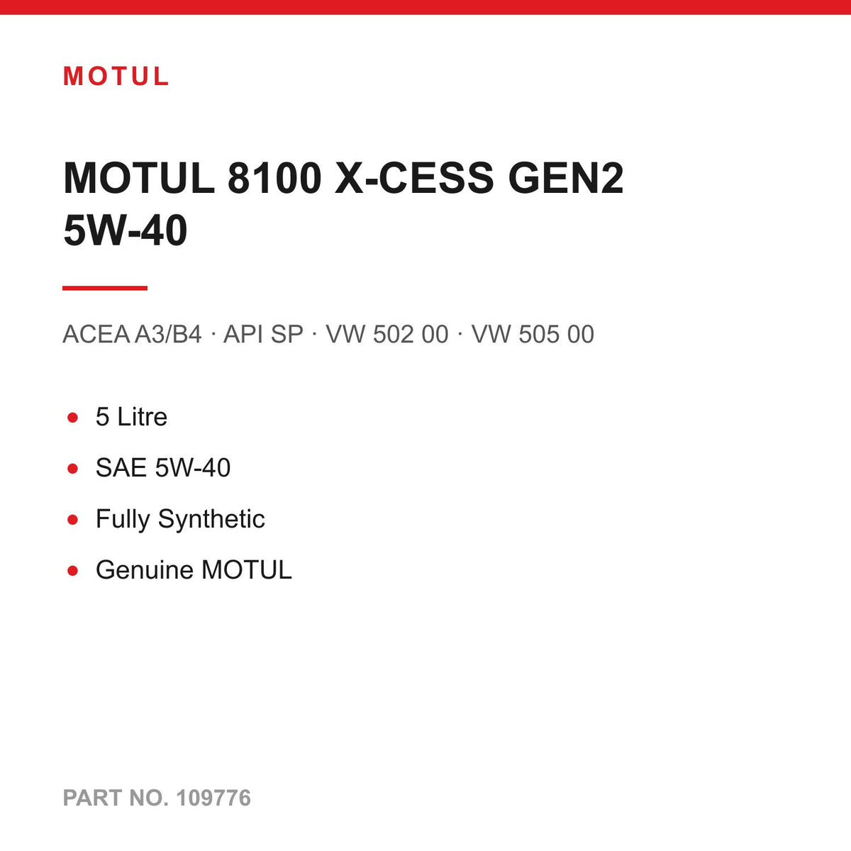 5L MOTUL 8100 X-CESS GEN2 5W-40 Engine Oil VW 502 00 505 00 BMW LL-01 MB 229.5