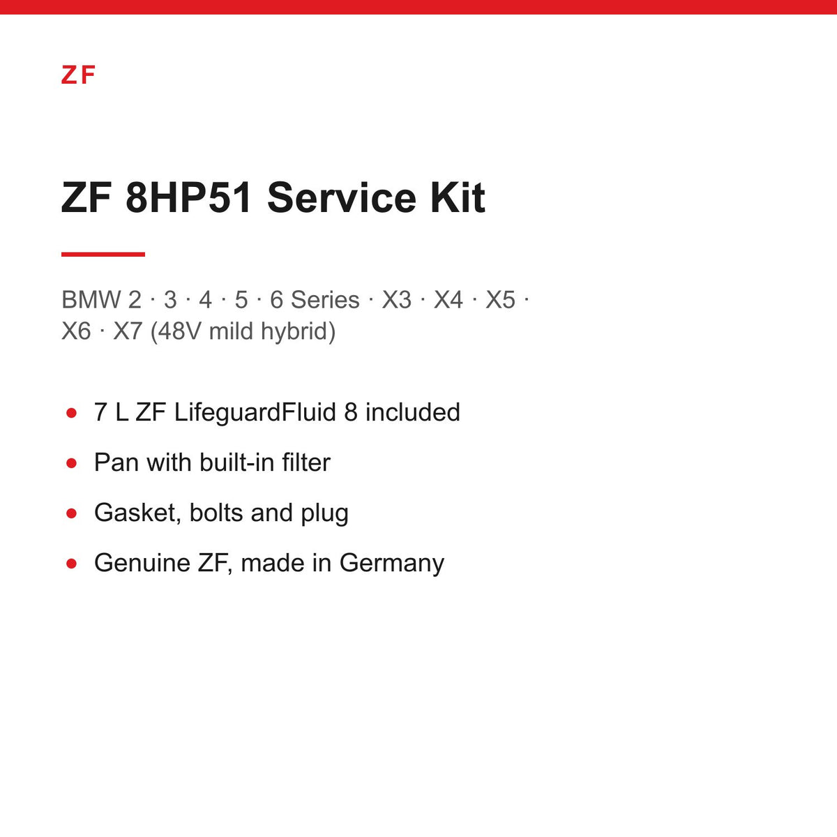BMW G20 G30 X3 X5 X7 48V Mild Hybrid ZF 8HP51 Gearbox Service Kit Inc 7L Oil