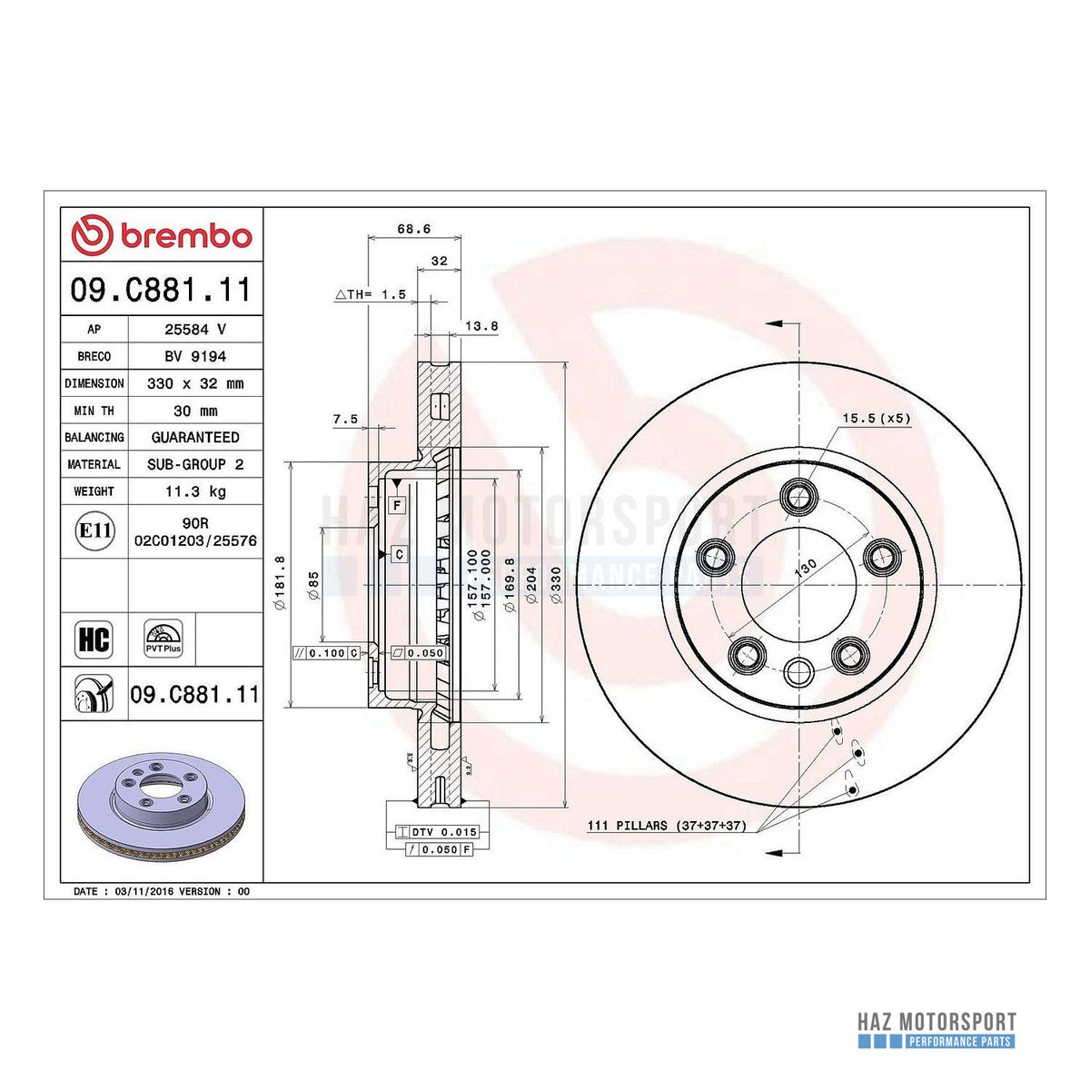 VW Touareg 7L 7P Front Brake Discs & Pads Kit - Brembo 330mm