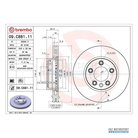 VW Touareg 7L 7P Front Brake Discs & Pads Kit - Brembo 330mm
