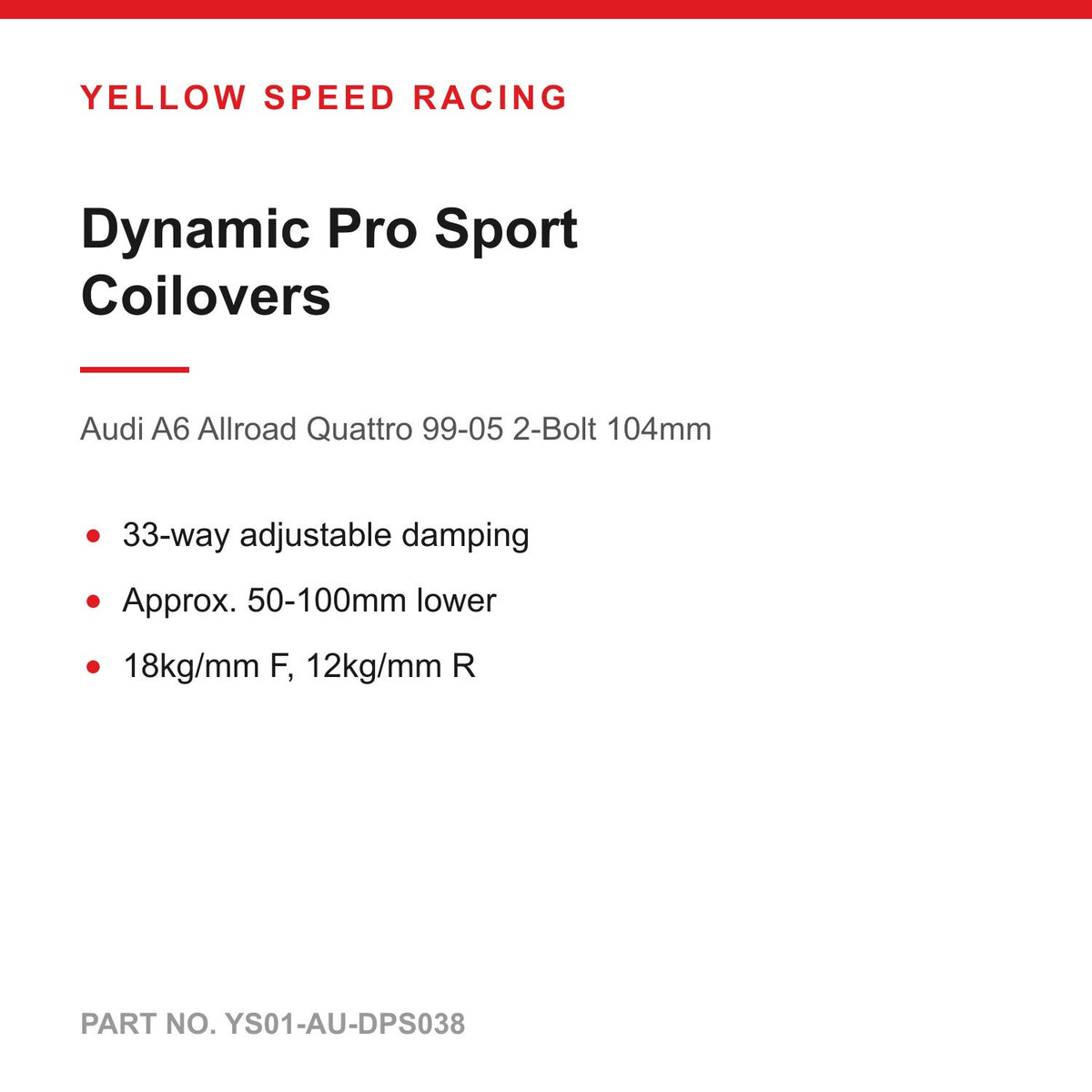 YSR Dynamic Pro Sport Coilovers - for Audi A6 Allroad Quattro 99-05 2-Bolt 104mm (YS01-AU-DPS038)
