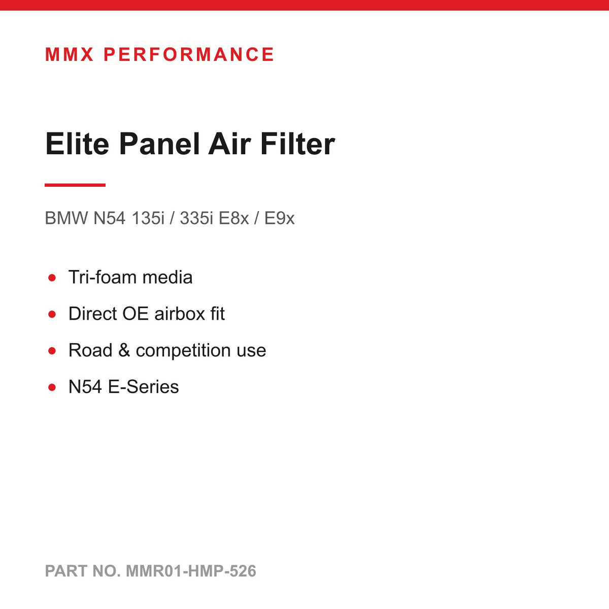 MMX Elite Series Tri-Foam Panel Air Filter - BMW N54 135i 335i E82 E88 E9x
