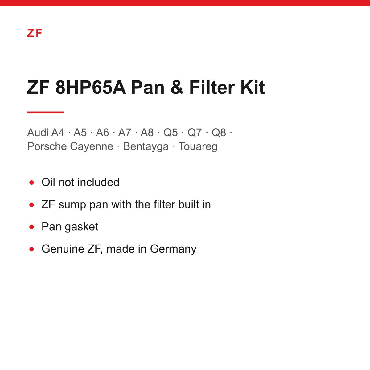 Audi A6 C8 Q7 Q8 Porsche Cayenne Bentayga ZF 8HP65A Sump Pan & Filter Kit