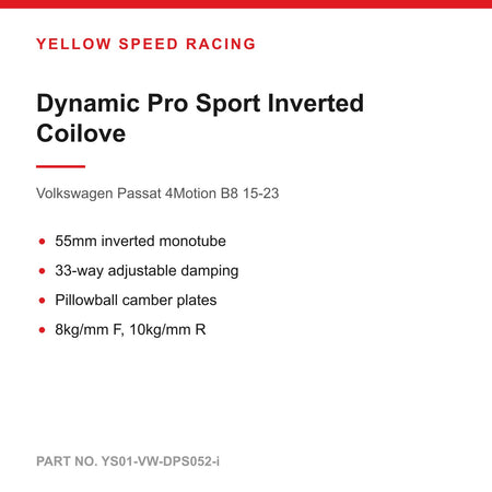 YSR Dynamic Pro Sport Inverted Coilovers - for Volkswagen Passat 4Motion B8 15-23 (YS01-VW-DPS052-i)