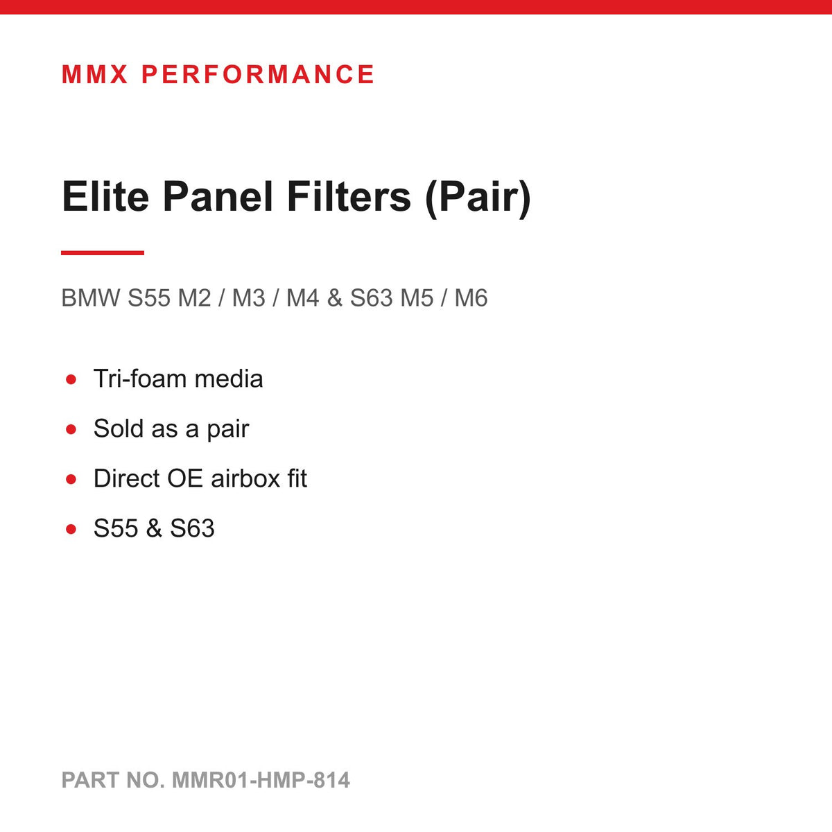 MMX Elite Series Tri-Foam Panel Air Filters (Pair) - BMW S55 M2 M3 M4 & S63 M5 M6