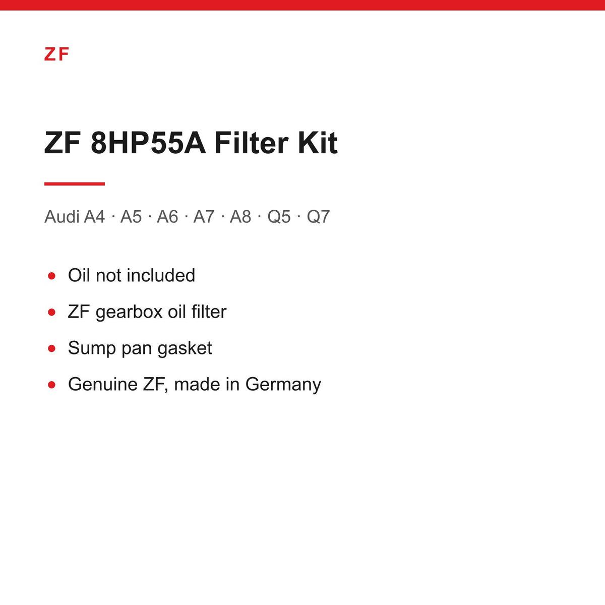 Audi A4 A5 A6 A7 A8 Q5 Q7 ZF 8HP55 Automatic Gearbox Filter & Pan Gasket Kit