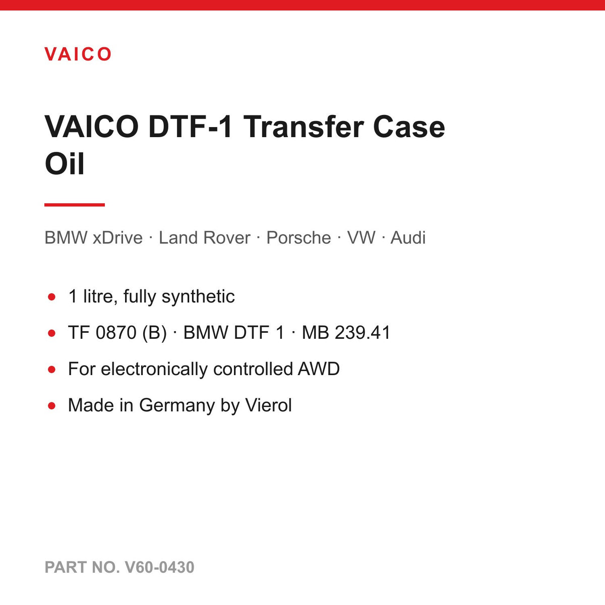 VAICO DTF-1 Transfer Case Oil 1L Full Synthetic - BMW xDrive, Land Rover, Porsche, VW, Audi (V60-0430)