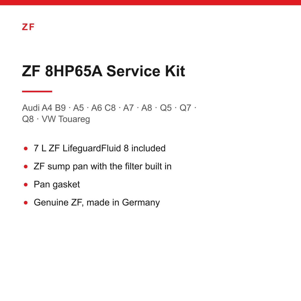 Audi A4 B9 A5 A6 C8 Q5 Q7 VW Touareg ZF 8HP65A Gearbox Service Kit Inc 7L Oil