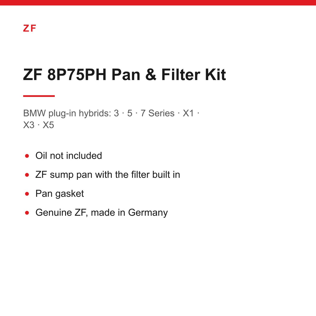 BMW 330e 530e X5 45e Plug-in Hybrid ZF 8P75PH Gearbox Sump Pan & Filter Kit