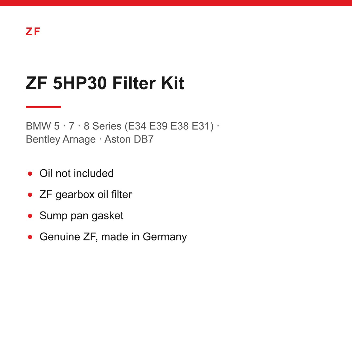 BMW E34 E39 E38 E31 Bentley Arnage ZF 5HP30 Gearbox Filter & Pan Gasket Kit