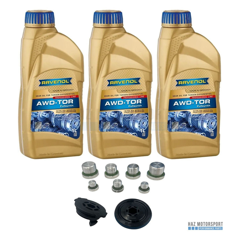 Audi RS6 & RS7 C8 Front & Centre Differential / Transfer Box Oil Service Kit (3L Ravenol AWD-TOR + Genuine Plug Set)
