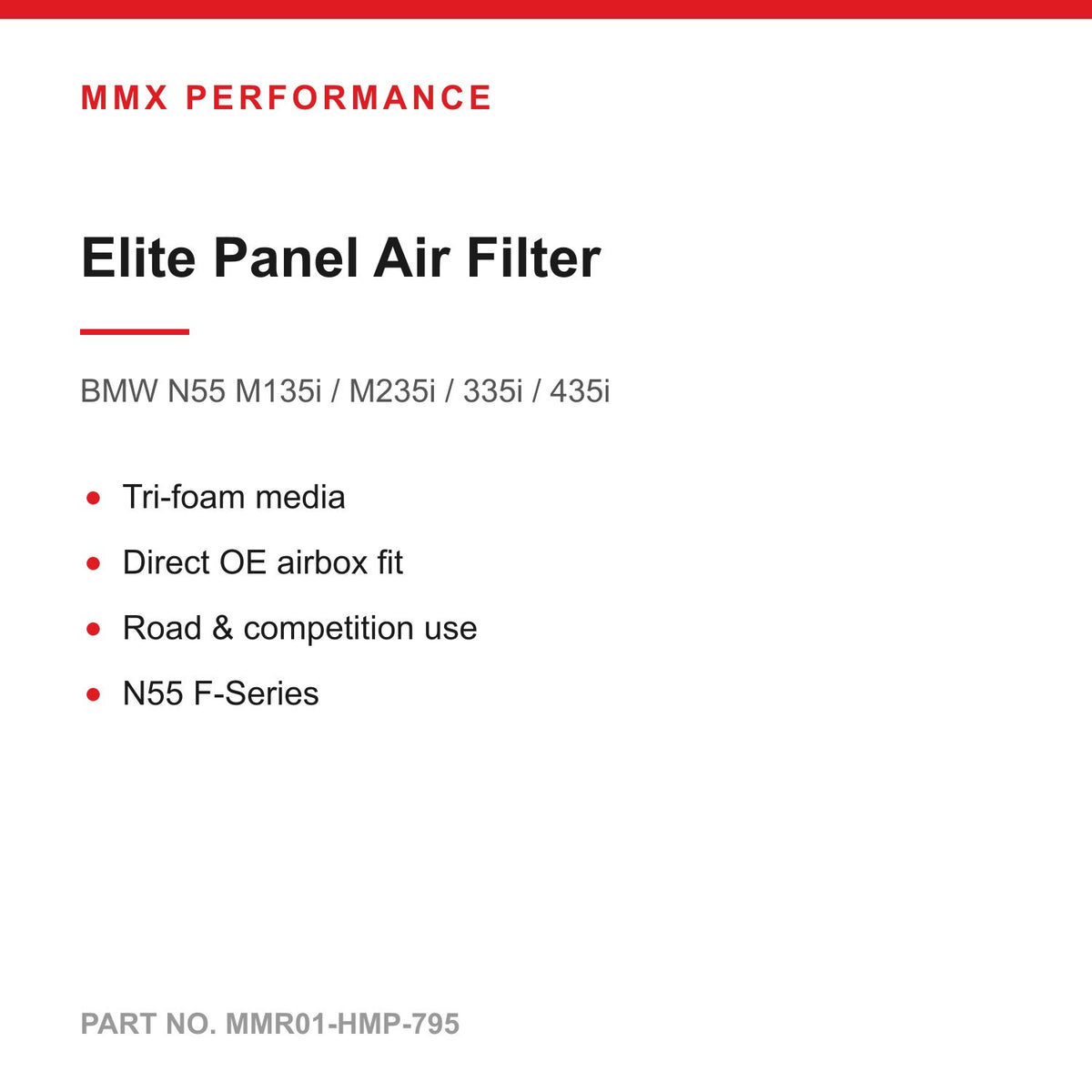 MMX Elite Series Tri-Foam Panel Air Filter - BMW N55 M135i M235i 335i 435i