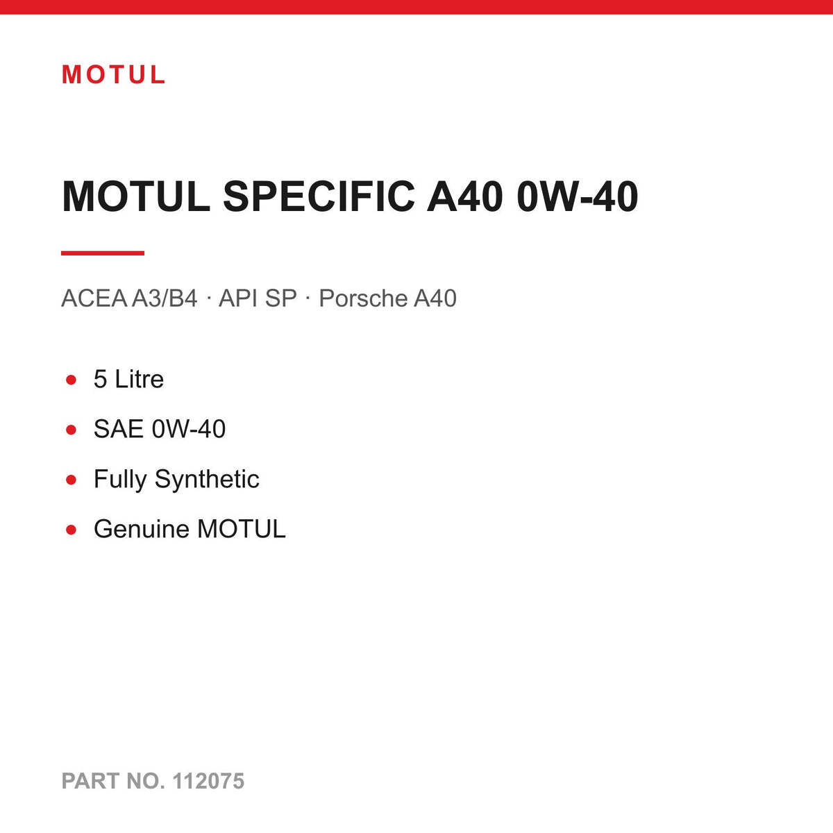 5L MOTUL SPECIFIC A40 0W-40 Fully Synthetic Engine Oil For Porsche A40 Approved