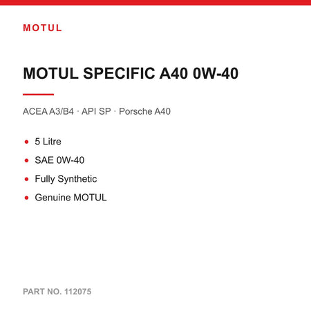 5L MOTUL SPECIFIC A40 0W-40 Fully Synthetic Engine Oil For Porsche A40 Approved