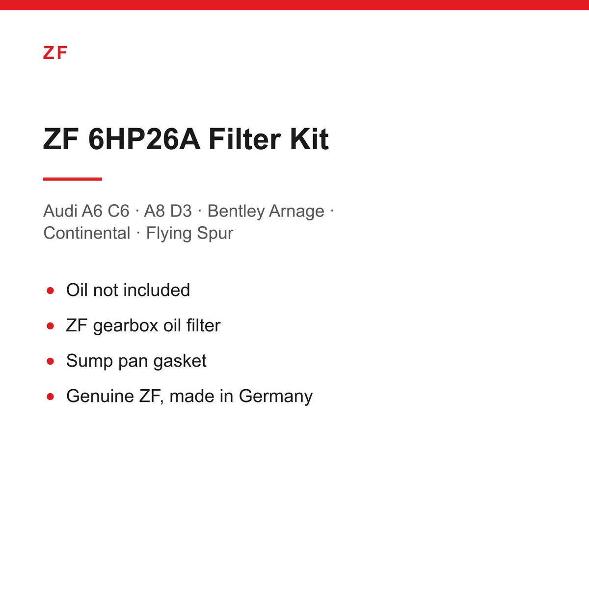 Audi A6 C6 A8 D3 Bentley Continental ZF 6HP26 Gearbox Filter & Pan Gasket Kit