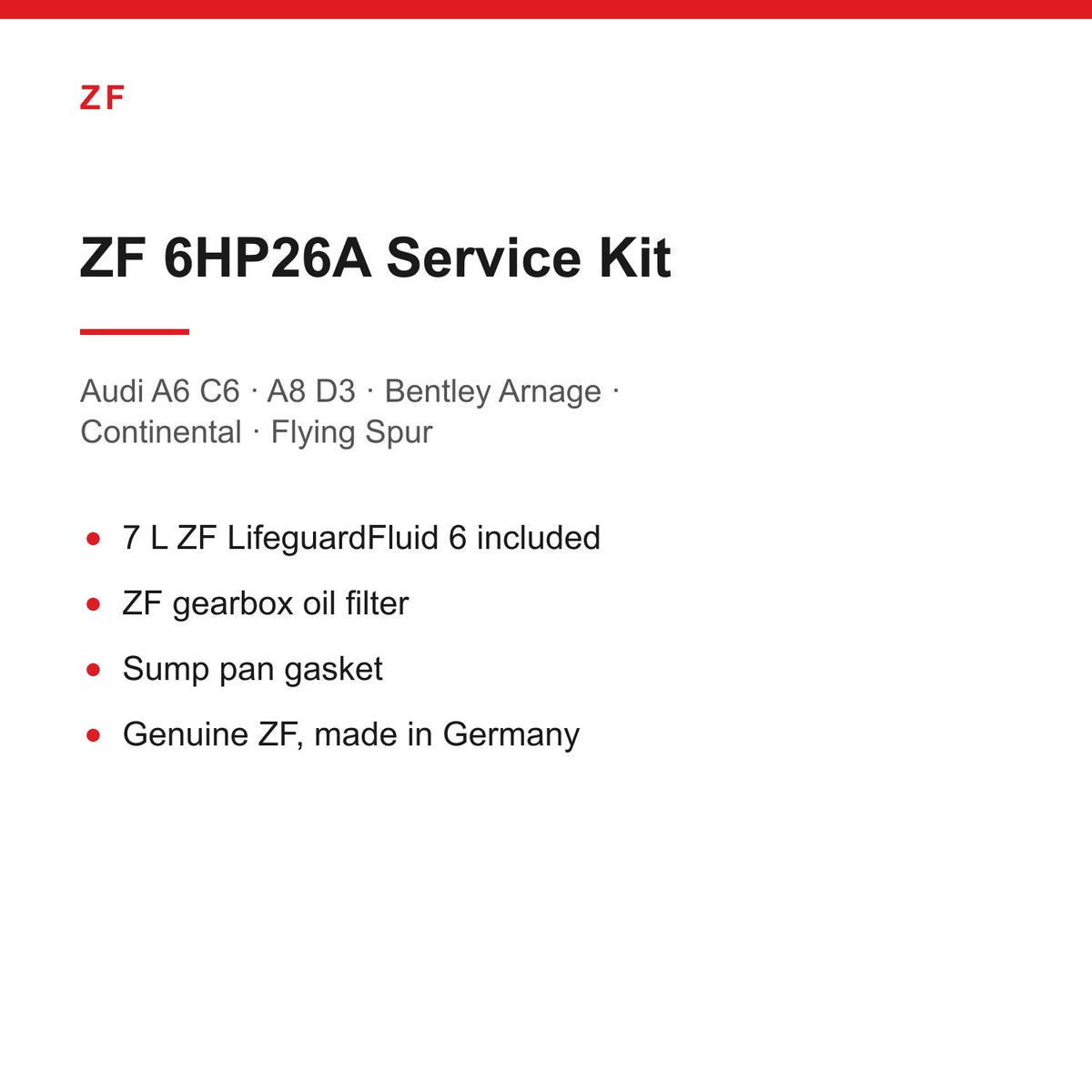 Audi A6 C6 A8 D3 Bentley Continental ZF 6HP26 Gearbox Service Kit Inc 7L Oil