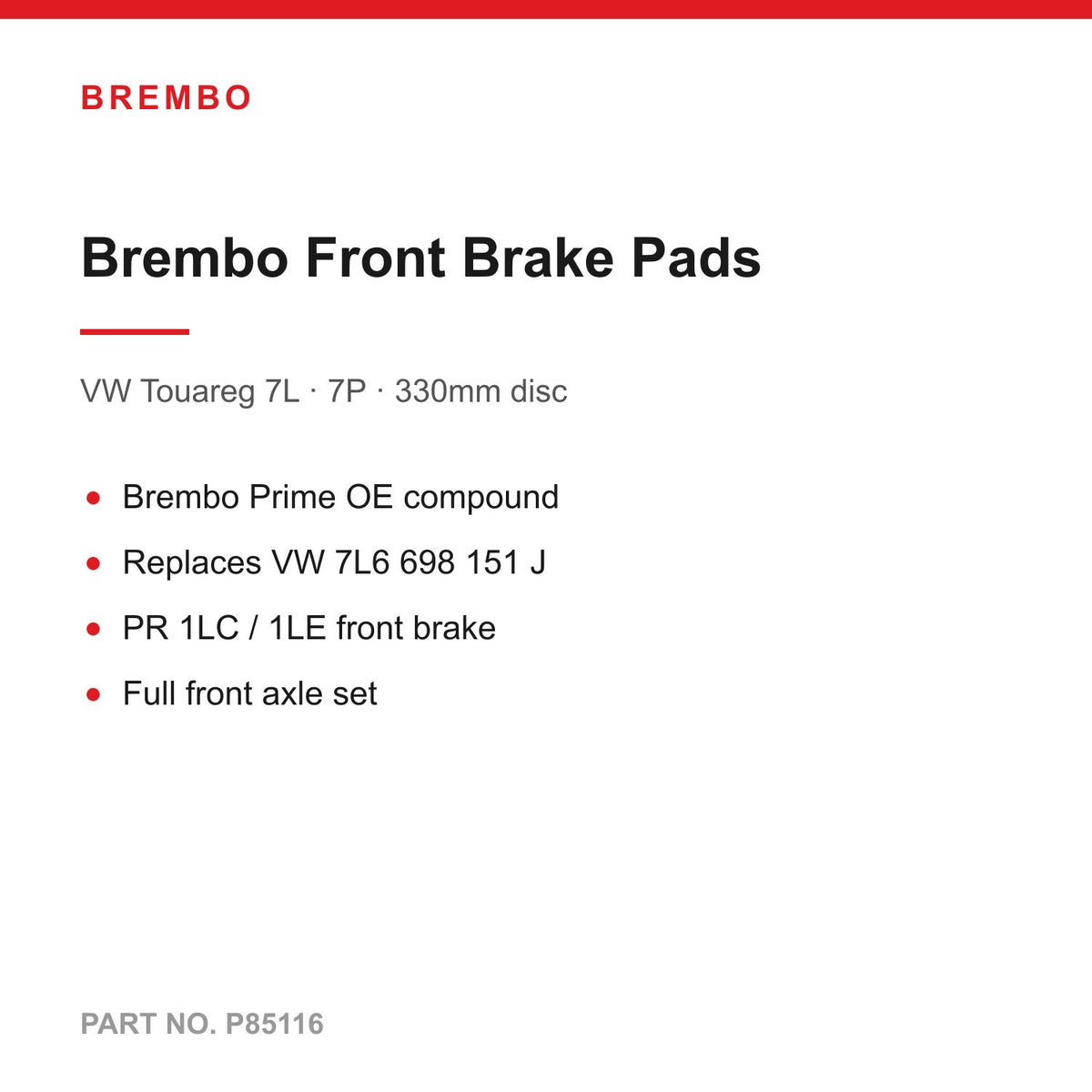 Brembo Prime Front Brake Pads For VW Touareg 7L 7P (330mm Disc, PR 1LC / 1LE) P85116