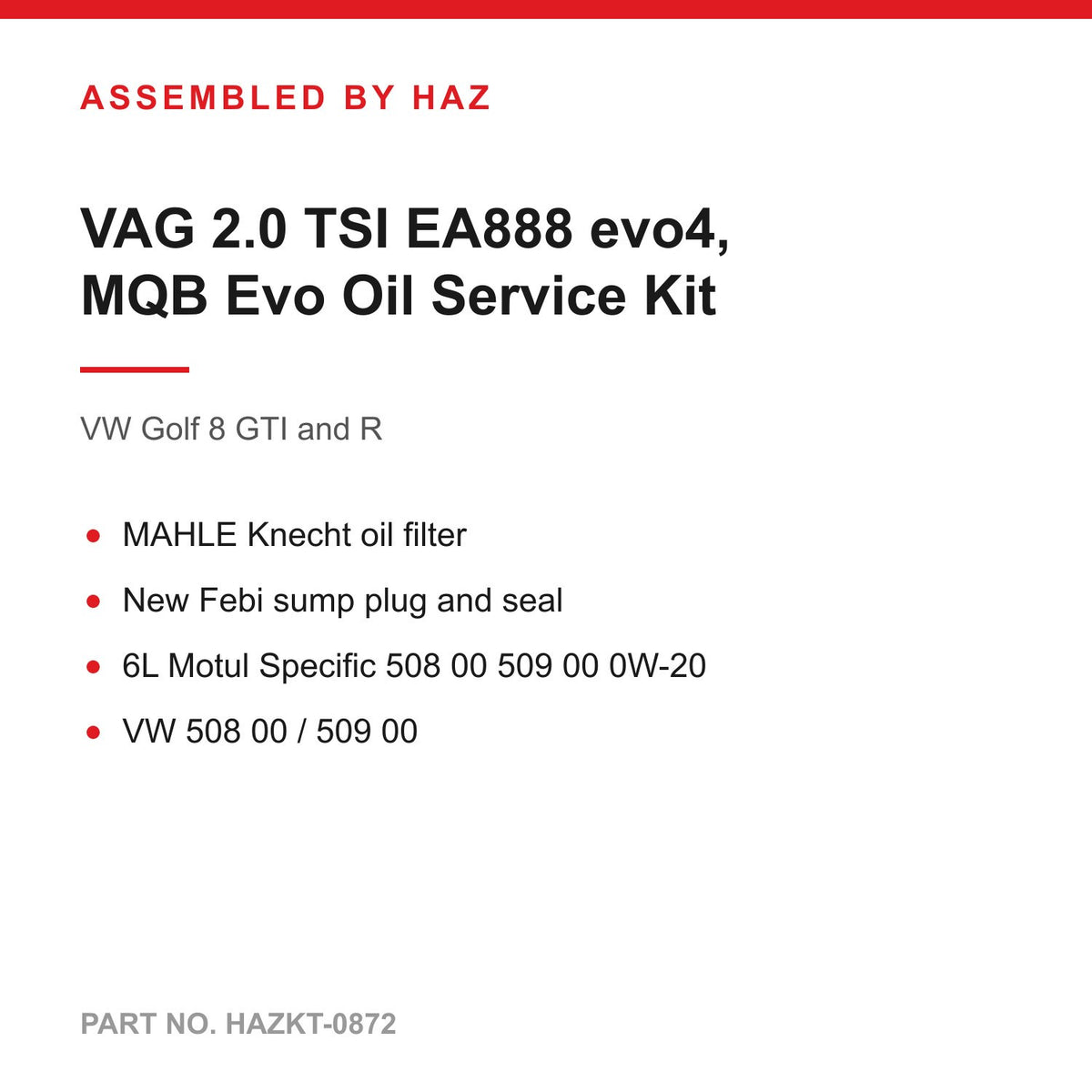 VW Golf 8 GTI R Audi S3 8Y Oil Service Kit Filter Sump Plug 6L Motul 0W-20