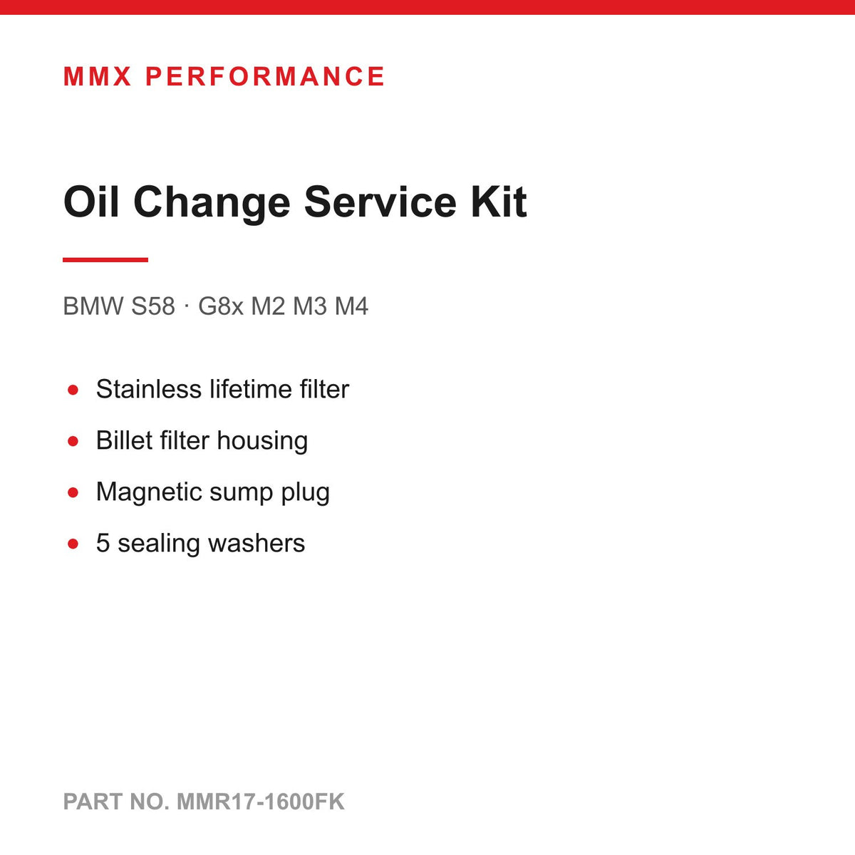 MMX Oil Change Service Kit - BMW S58 M2 M3 M4 (Lifetime Filter, Billet Housing, Sump Plug)