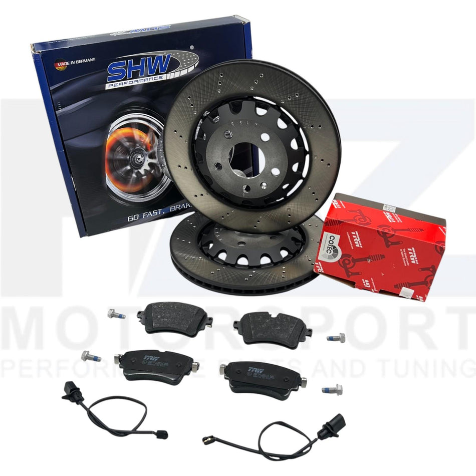 SHW Performance x2 Rear Brake Discs + TRW Pads inc Sensors For Audi RS4 RS5 B9