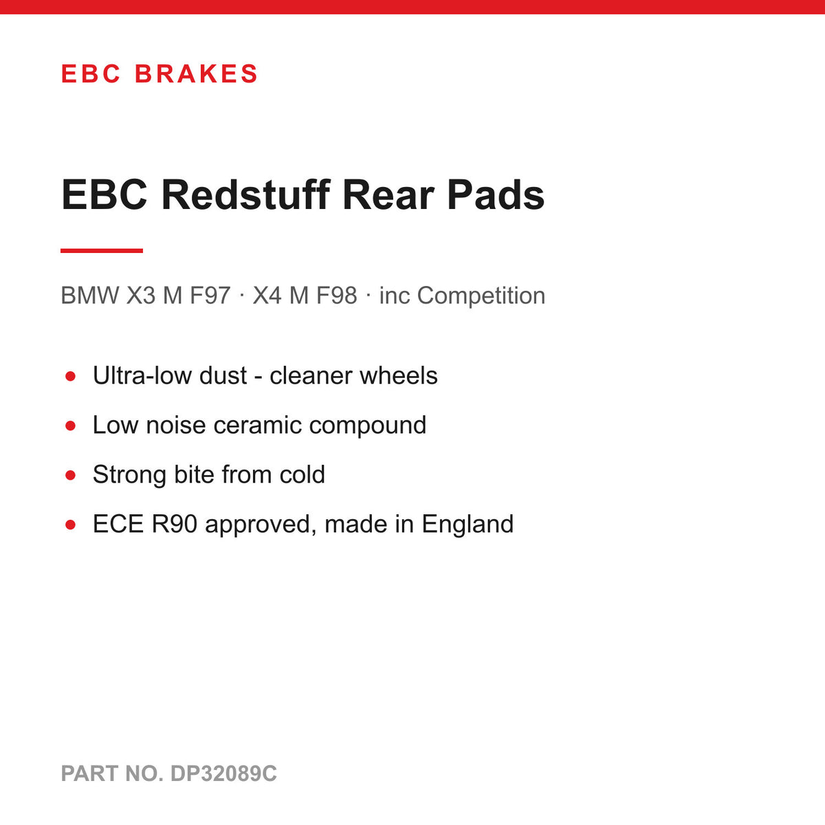 EBC Redstuff Rear Brake Pads For BMW X3 M F97 & X4 M F98 inc Competition - Low Dust, Low Noise Ceramic