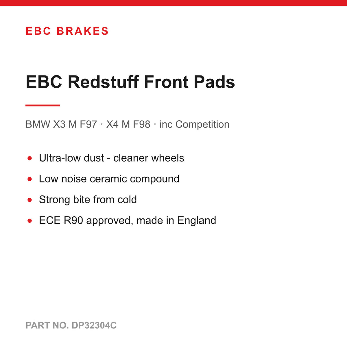 EBC Redstuff Front Brake Pads For BMW X3 M F97 & X4 M F98 inc Competition - Low Dust, Low Noise Ceramic