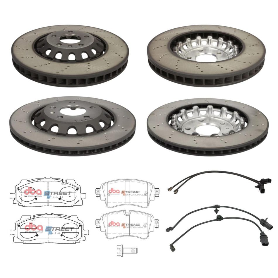 SHW Performance Front & Rear Brake Discs + DBA XP Pads Sets Audi RS4 RS5 B9