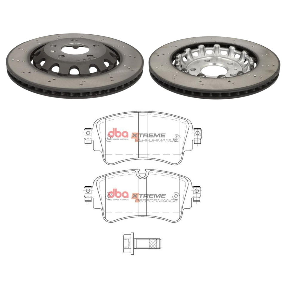 SHW Performance x2 Rear Brake Discs + DBA Rear Pads Set For Audi RS4 RS5 B9