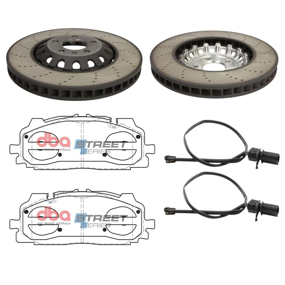 SHW Front x2 Drilled Brake Discs + DBA Front Pads Set For Audi RS4 RS5 B9