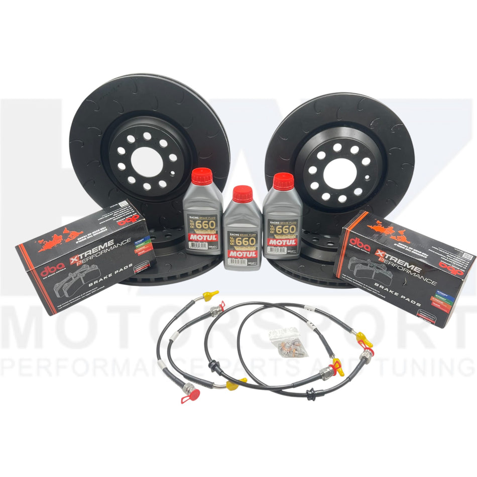 Rotinger J-Hook Brake Discs + DBA Pads for S3 8V / TTS MK3 / Golf R MK7 MK7.5 / GTI PP TCR (Package inc Brake Line Kit/RBF660 Fluid)